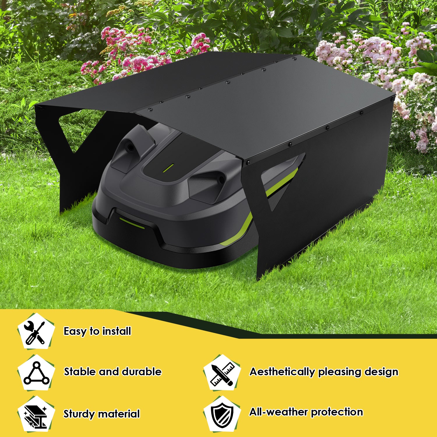 Garage für Mähroboter, 78 x 60 x 34 cm, schwarzer, verzinkter Unterstand, schützt vor Regen, Sonne und Hagel, witterungsbeständig und UV-beständig, geeignet als Überdachung für Gartenmäher und Mähroboter, inklusive Montagezubehör