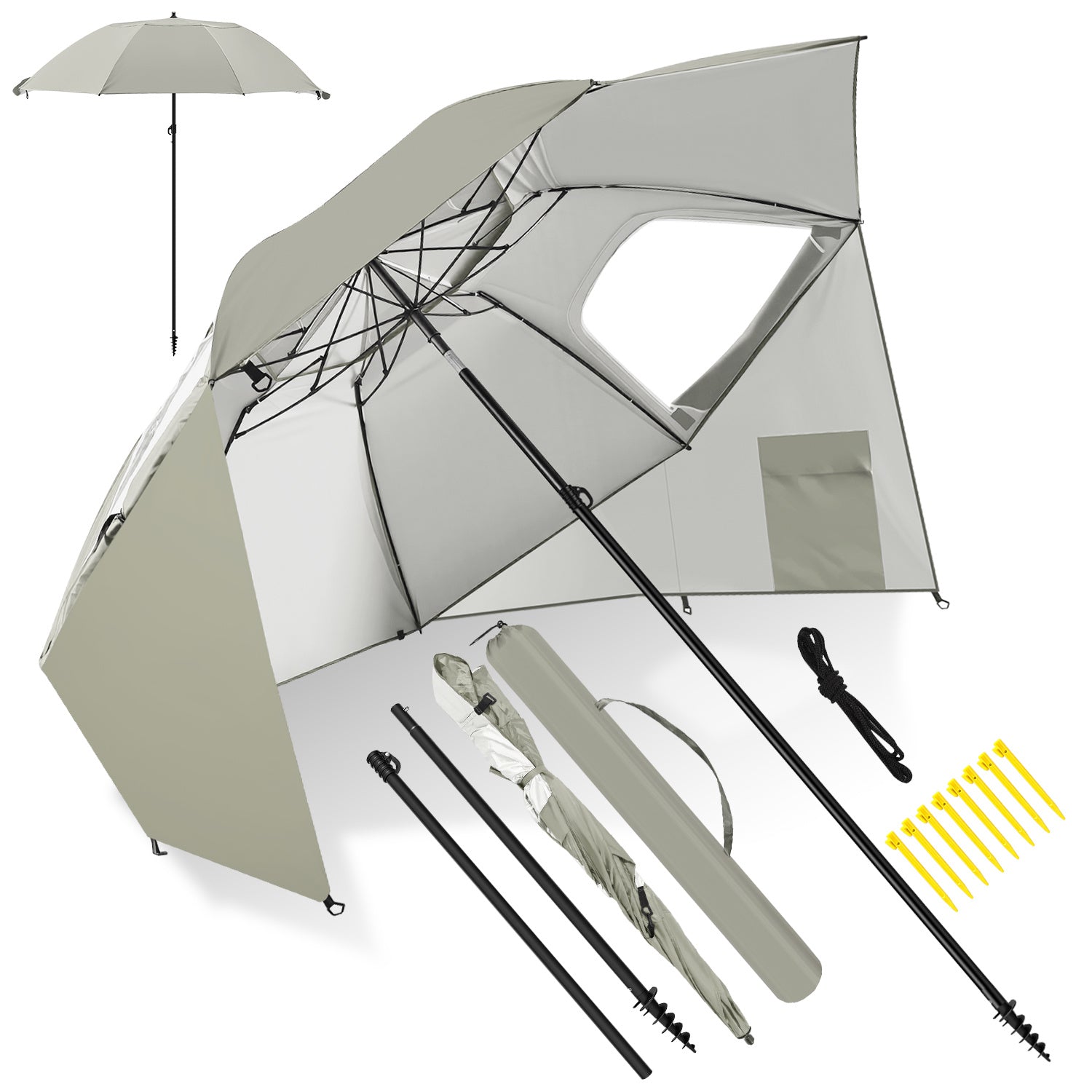 Strand-Sonnenschirm 2-in-1 – Kombinierter Schirm für Strand und Garten, geeignet für 2–4 Personen, UV50+ Sonnenschutz, multifunktionaler Sonnenschirm, Durchmesser 210 x 220 cm, mit Sichtfenster und Tragetasche, zusammenklappbar