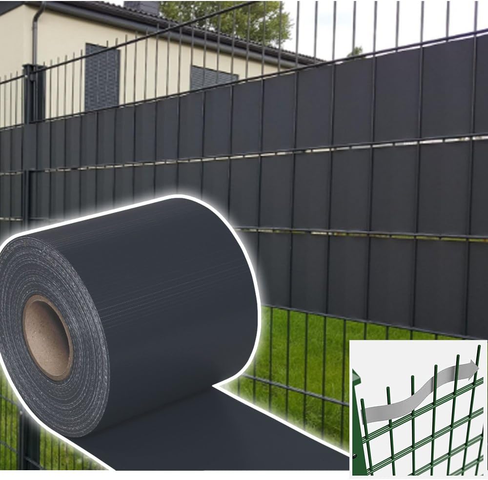 PVC Sichtschutzstreifen 35m/50m/70m Zaunblende Folie, inkl. 30 Befestigungsclips, Windschutz Sonnenschutz Sichtschutz Gartenzaun, Sichtschutzfolie für Doppelstabmattenzaun, Anthrazit