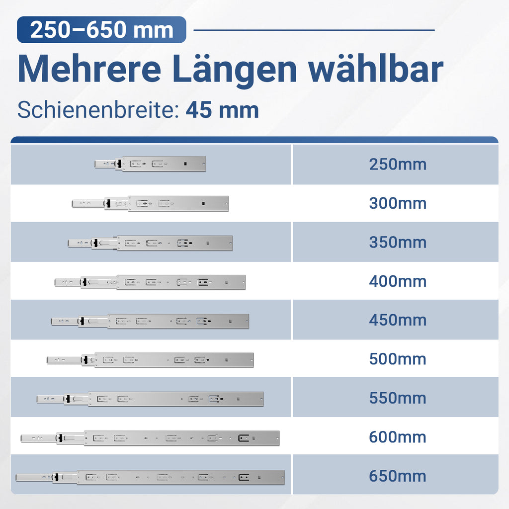 Vollauszug-Schubladenführungen mit automatischer Rückstellfunktion, Kugellagerführung, aus verzinktem Stahl; Schubladenführungen mit einer Tragkraft von bis zu 45 kg pro Paar, in verschiedenen Größen erhältlich.
