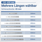 Vollauszug-Schubladenführungen mit automatischer Rückstellfunktion, Kugellagerführung, aus verzinktem Stahl; Schubladenführungen mit einer Tragkraft von bis zu 45 kg pro Paar, in verschiedenen Größen erhältlich.