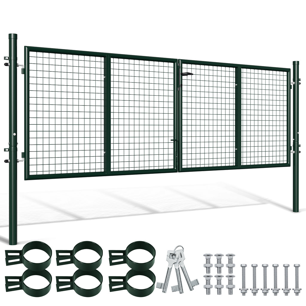 Doppelflügeltore, 300x100cm/350x100cm Metall Gartentor, Gartenzaun Zaun inkl. Griff, Schloss und 3 Schlüsseln, Robust Gartentür für Zauntür, Hoftor, Zauntor, Rundrohr, Grün/Anthrazit