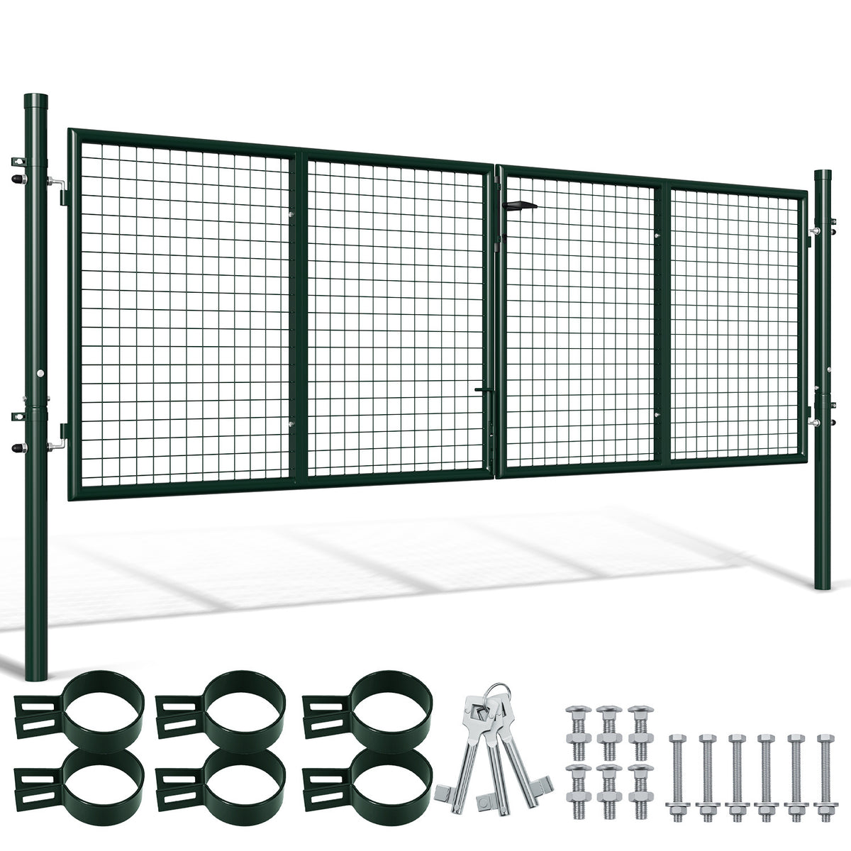 Doppelflügeltore, 300x100cm/350x100cm Metall Gartentor, Gartenzaun Zaun inkl. Griff, Schloss und 3 Schlüsseln, Robust Gartentür für Zauntür, Hoftor, Zauntor, Rundrohr, Grün/Anthrazit