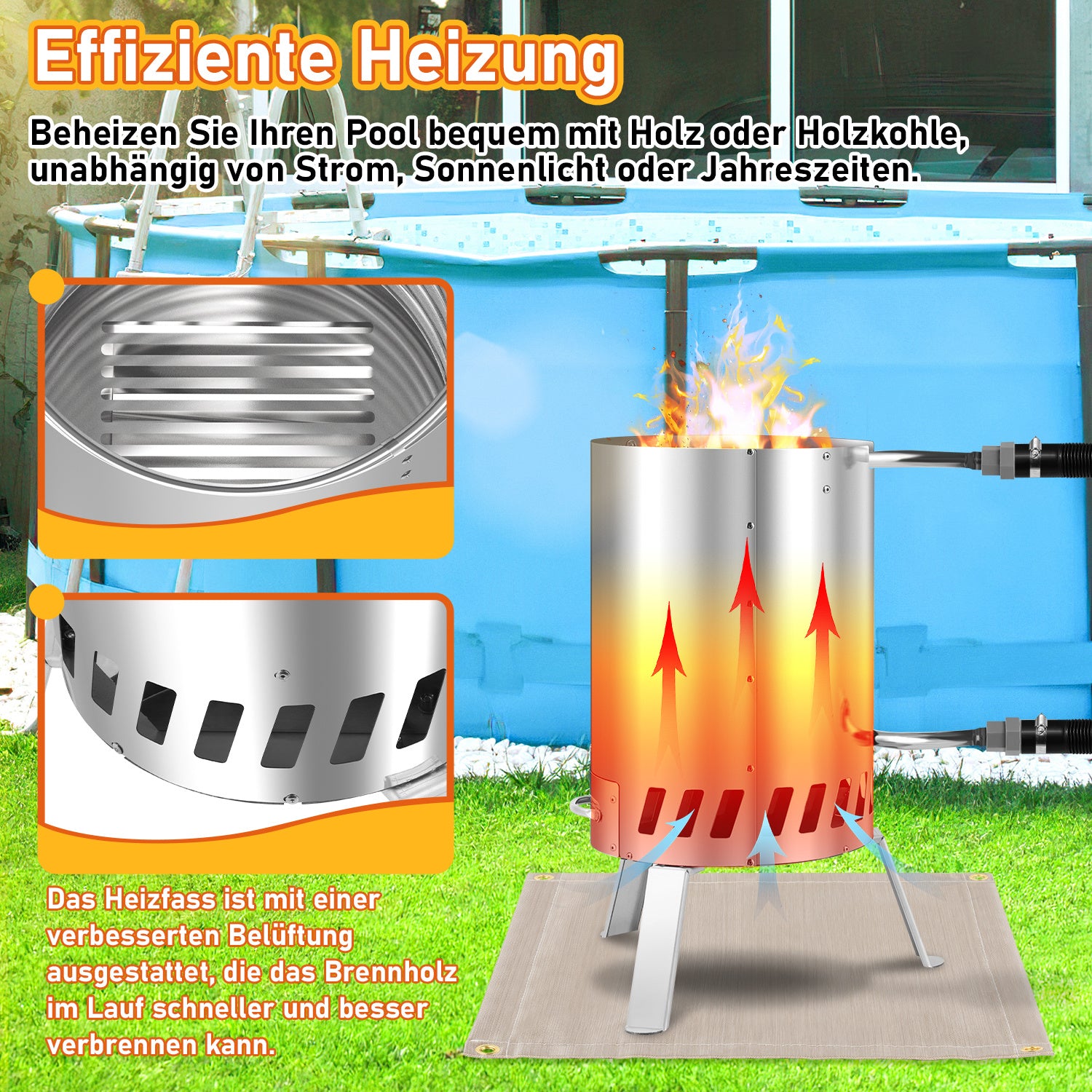 Brennholz Poolheizung, Poolheizung mit Feuer, Poolheizung Feuertonne, Edelstahl Pool beheizt Feuer Eimer 32/38mm Anschlüsse, 100% rostfreier Edelstahl mit Feuerfeste Matte und Rußschublade