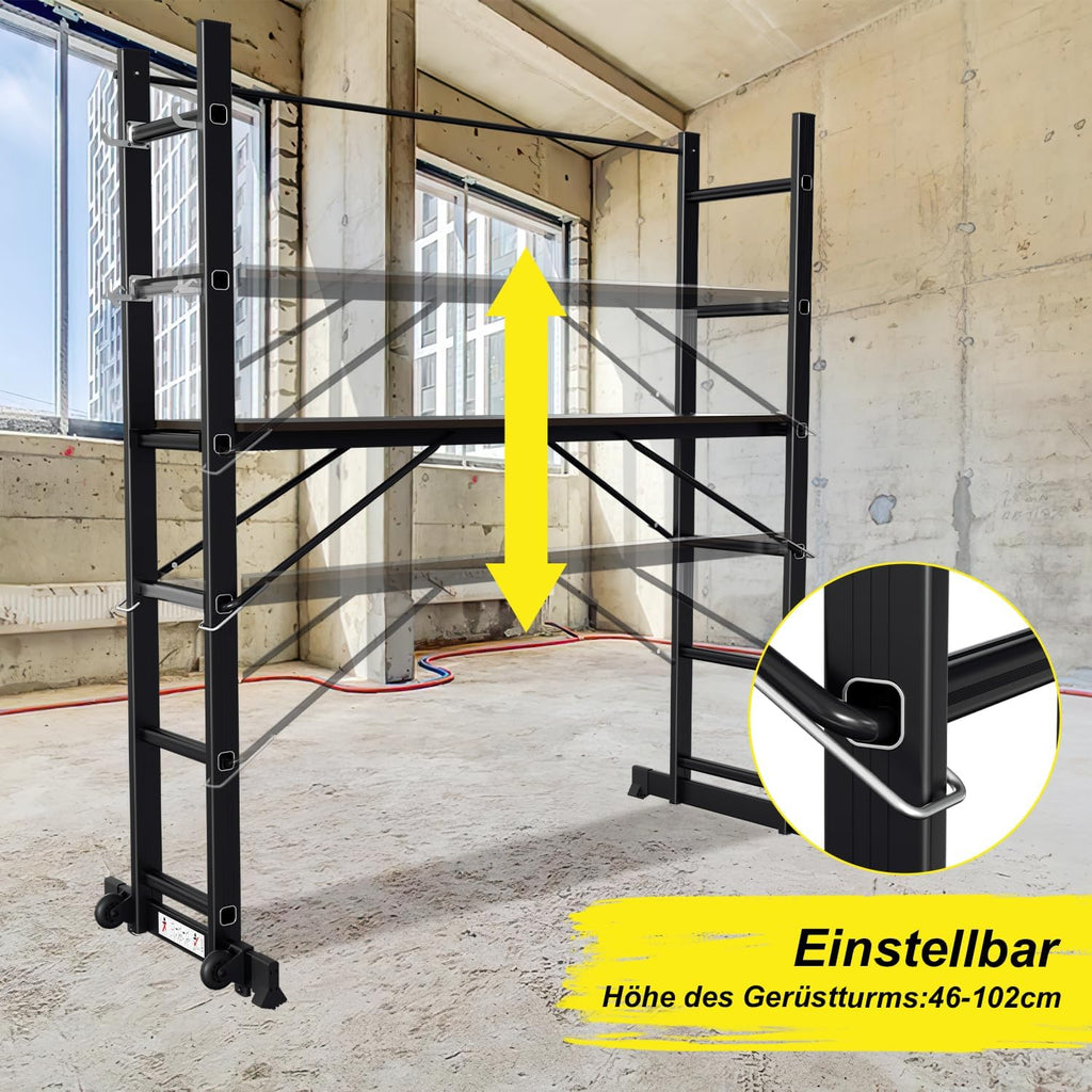 Gerüst, 4 in 1 Alu Multifunktionsleiter 6+6 Stufen, Mobile Mehrzweckleiter mit Plattform und 2 Räder, Arbeitsgerüst, Arbeitsbühne, Belastbar bis max. 150 Kg