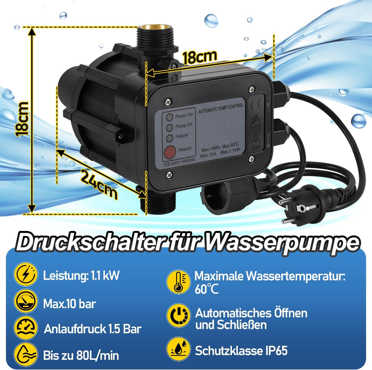 Pumpensteuerung, Druckschalter mit Kabel, 10 bar, mit Bar-Anzeige, der Druckschalter überwacht den Wasserdruck – automatisches Ein- und Ausschalten, Gartenhäuschen