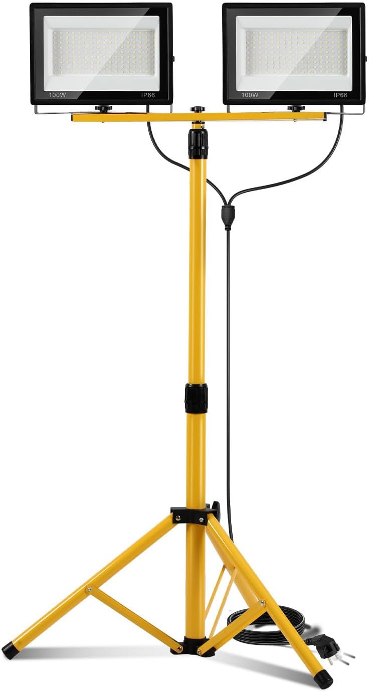 LED Baustrahler 2 x 50W / 100W / 200W, Baustrahler LED mit Stativ Einstellbar, 6500K Kaltweiß Baulampe für Innen- & Außenbereic, IP66 Baustellenlampe mit 3m Kabel Stecker für Baustelle Werkstatt Keller