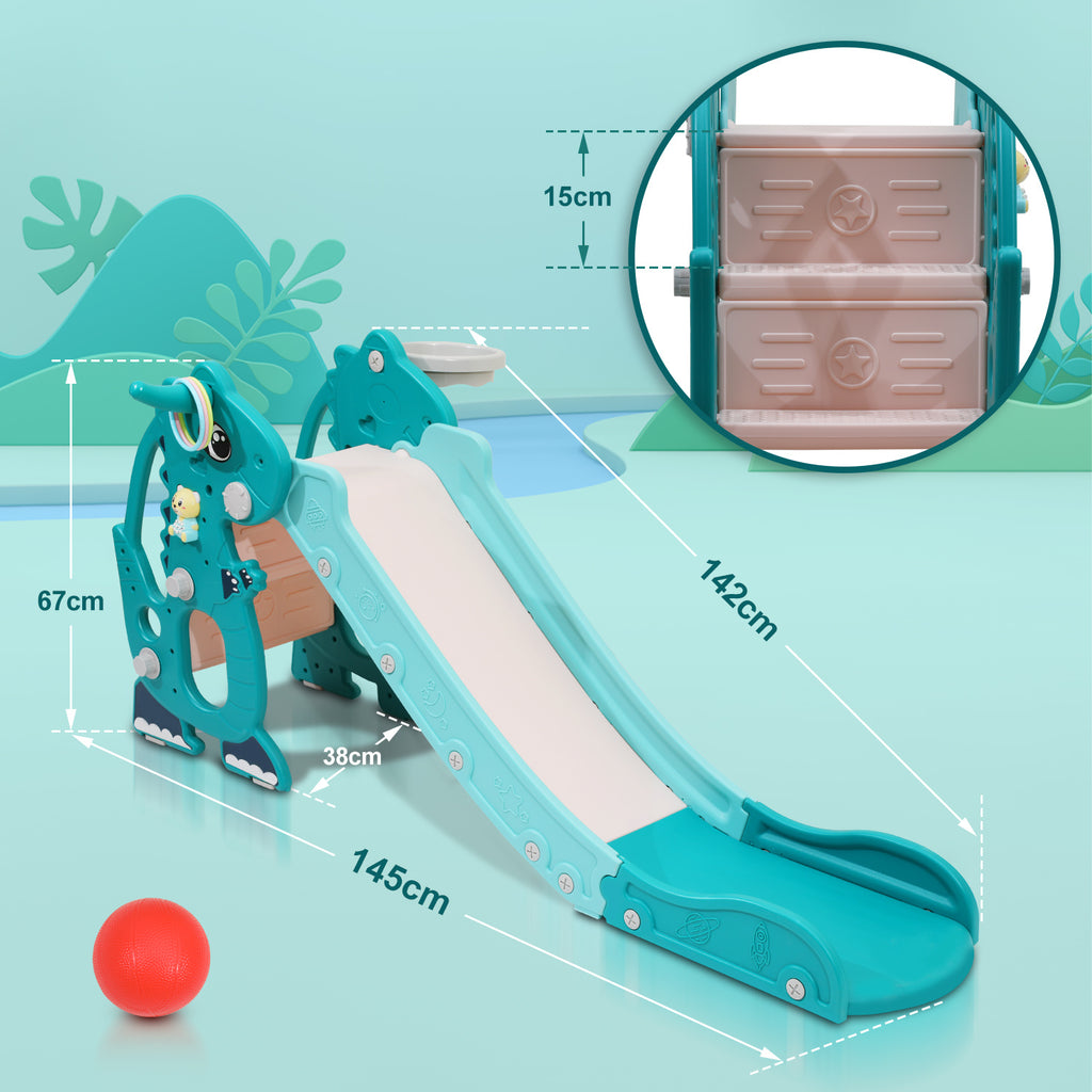 Kinderrutsche, zusammenklappbare Kinderrutsche, stabile Gartenrutsche mit Basketballkorb und Handläufen, lustige Kinderrutsche, für drinnen und draußen geeignete Kleinkindrutsche, grün