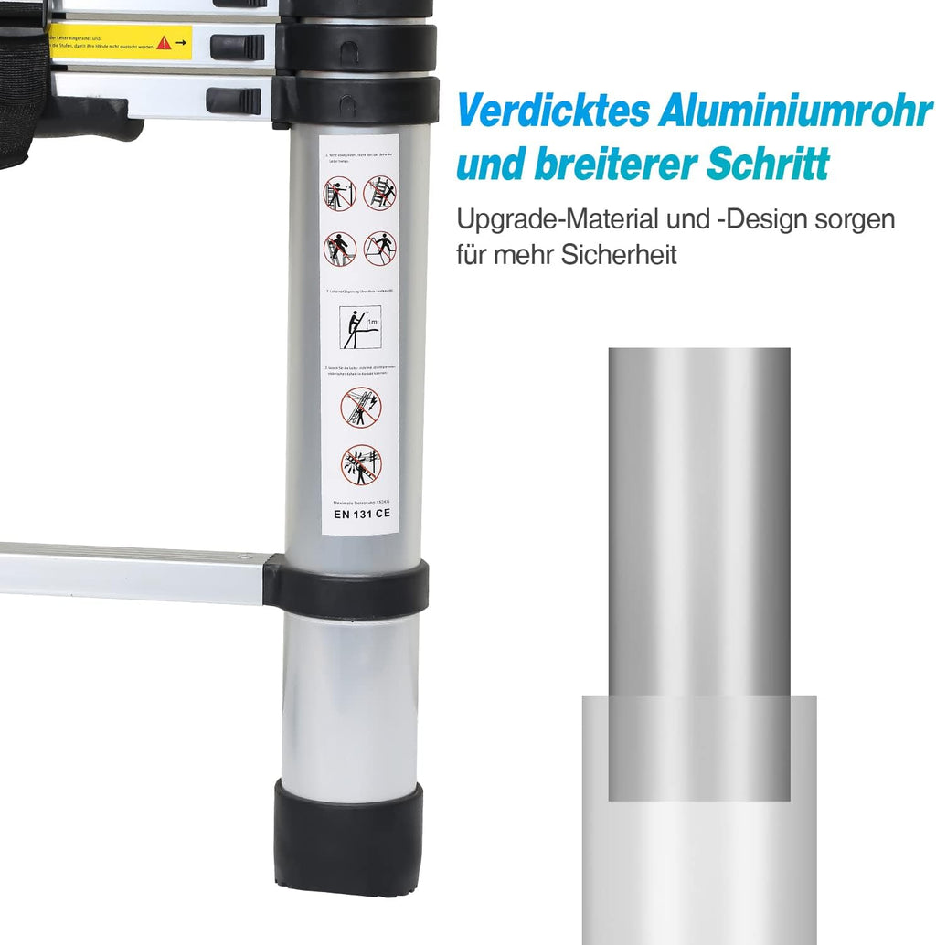 2.6m/3.2m/3.8m/4.4m Teleskopleiter, Aluminiumleiter Ausziehbare Leiter mit rutschfesten Füßen, Mehrzweckleiter für Dachboden, Stehleiter, Tragbar Leichte Leiter 150 kg Belastbarkeit