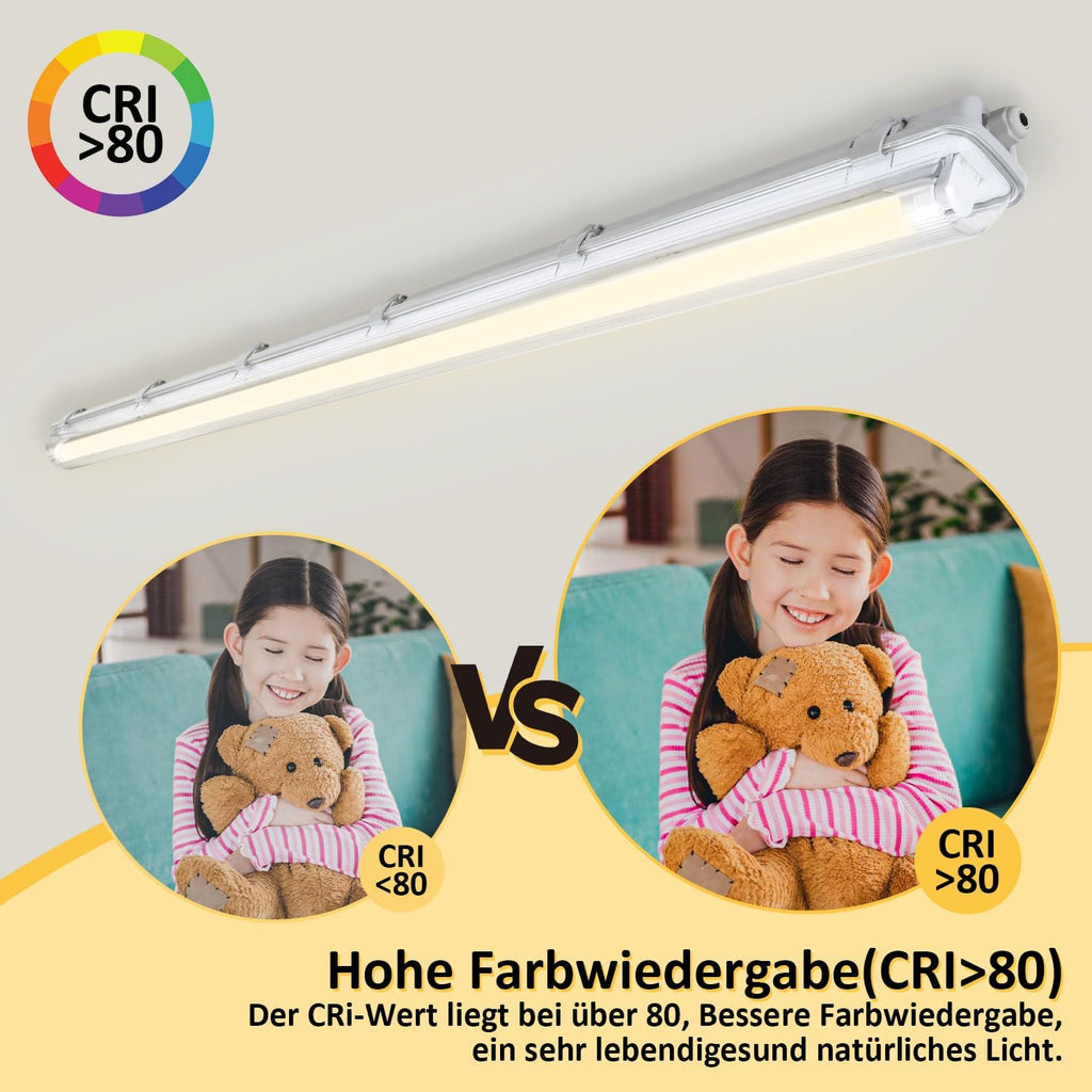 LED Feuchtraumleuchte Wannenleuchte 150cm 24W, 2400 Lumen 6500K, IP65 Wasserfest mit T8 LED Röhre für Garage Werkstatt Keller Außenbereich