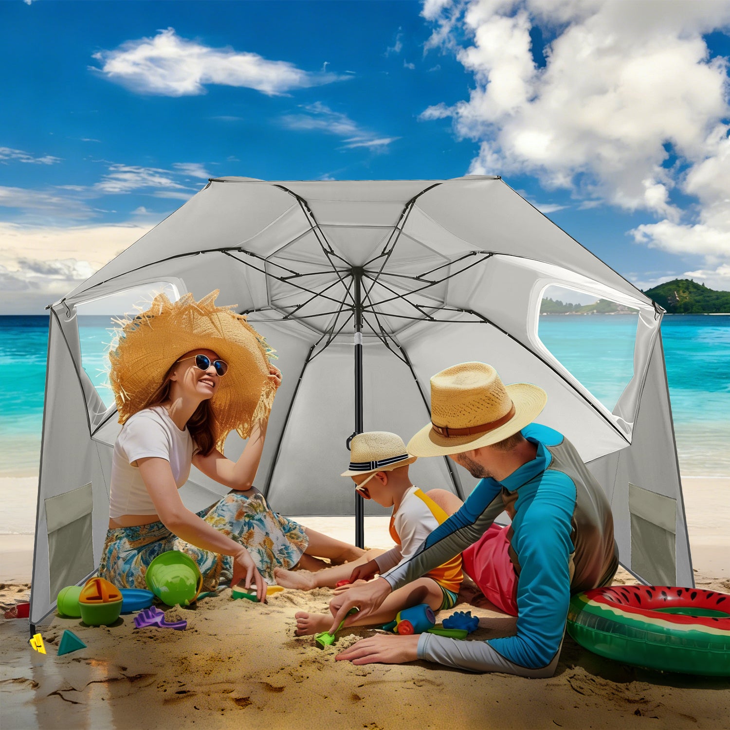 Strand-Sonnenschirm 2-in-1 – Kombinierter Schirm für Strand und Garten, geeignet für 2–4 Personen, UV50+ Sonnenschutz, multifunktionaler Sonnenschirm, Durchmesser 210 x 220 cm, mit Sichtfenster und Tragetasche, zusammenklappbar