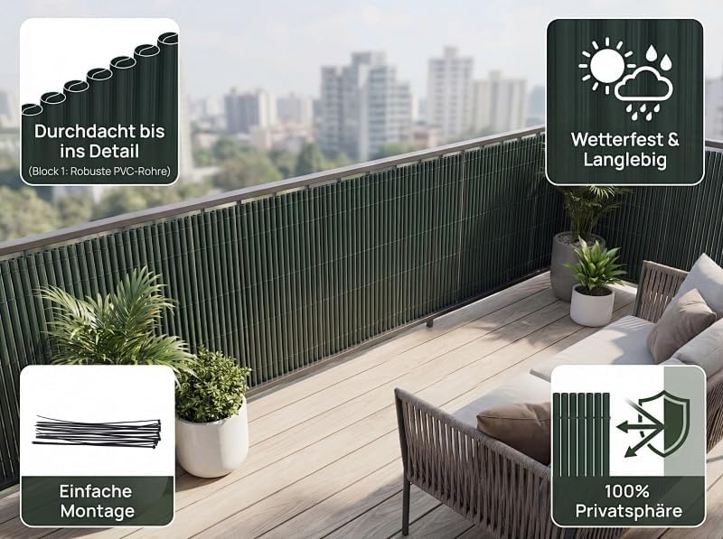 PVC Sichtschutzmatte Balkon Grün – Rundrohr mit Verstärkungsstreifen, Balkon Sichtschutz ohne Bohren, Windschutz & Sichtschutz für Gartenzaun, Terrasse & Geländer
