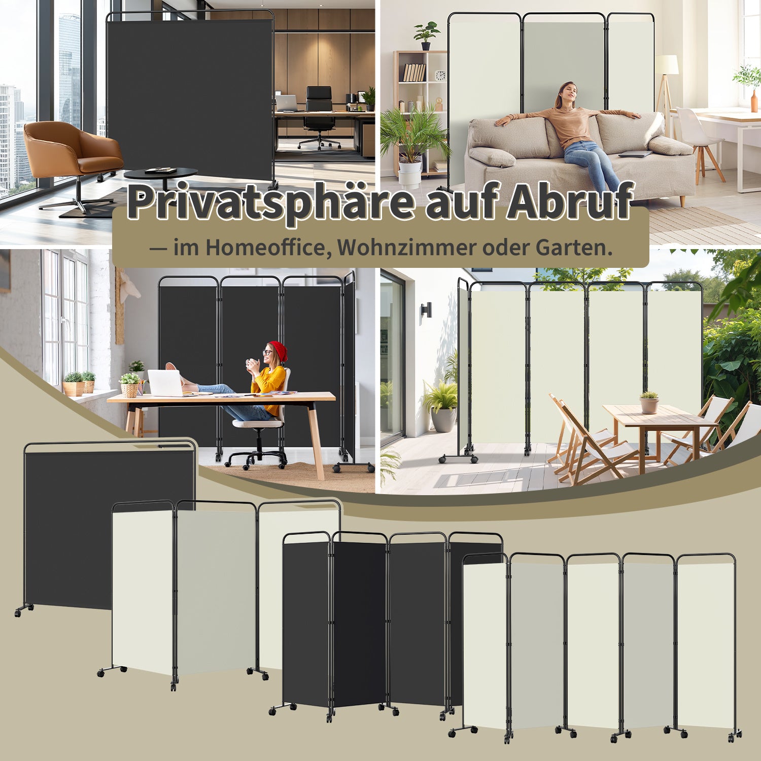 Rollbarer Raumteiler für Terrasse und Balkon, 360°-Raumteiler, Sichtschutz, zusammenklappbar und freistehend, geeignet für Garten, Büro und Terrasse, 185/228/263/284 cm