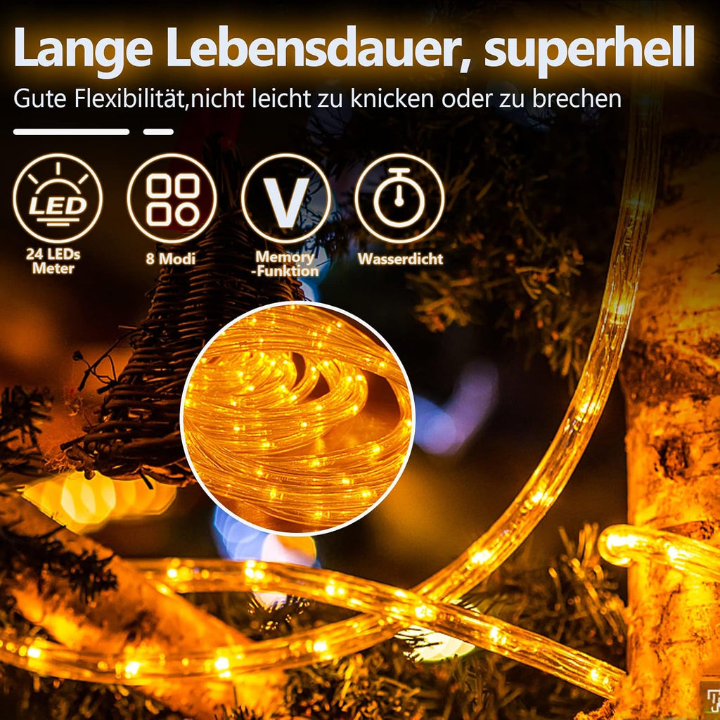 10/20/30 Meter lange LED-Lichterkette für den Außenbereich, gelbe LED-Lichterkette, 8 Leuchtmodi mit Speicherfunktion, wasserdichtes Design, geeignet für Garten, Weihnachtsfeiern und Hochzeiten