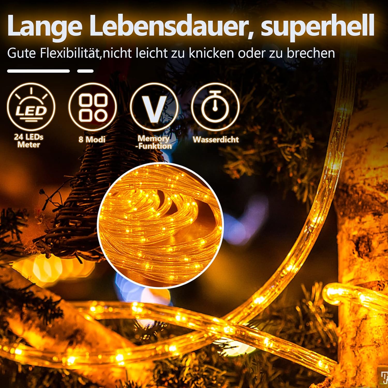 10/20/30 Meter lange LED-Lichterkette für den Außenbereich, gelbe LED-Lichterkette, 8 Leuchtmodi mit Speicherfunktion, wasserdichtes Design, geeignet für Garten, Weihnachtsfeiern und Hochzeiten