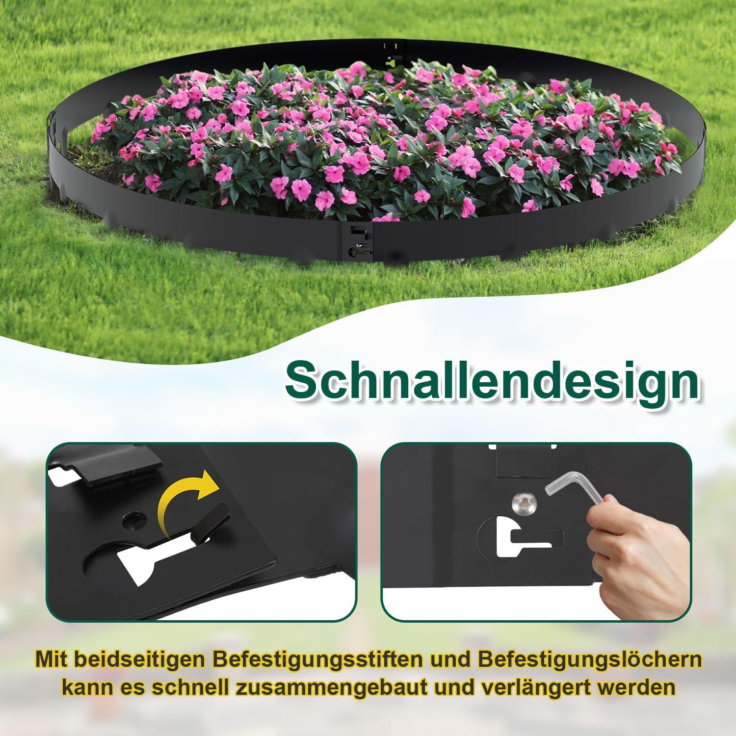 Rasenkante mit Dornen, 100x15cm Rasenkante Metall Beetumrandung, Beeteinfassung Flexible Verformbar Metall Palisade für Garten Bauernhof, Silber/Schwarz