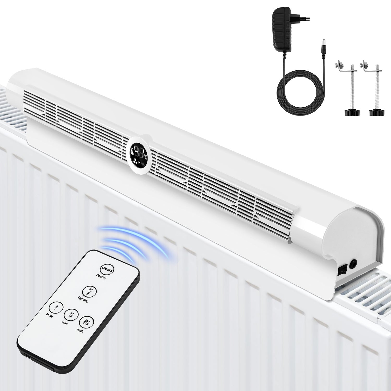 Heizkörper Ventilator Weiß - Energieeffizienter Wärmeverteiler mit 6 Lüftern, Automatischer Ein/Aus-Funktion, 3-Stufen-Regelung, RGB-LED und Fernbedienung für Schnelle Wärmeverteilung