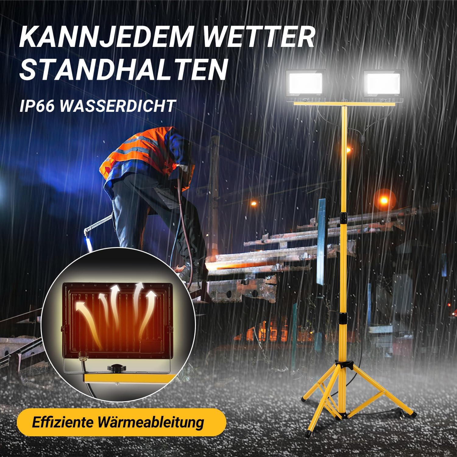 LED Baustrahler 2 x 50W / 100W / 200W, Baustrahler LED mit Stativ Einstellbar, 6500K Kaltweiß Baulampe für Innen- & Außenbereic, IP66 Baustellenlampe mit 3m Kabel Stecker für Baustelle Werkstatt Keller