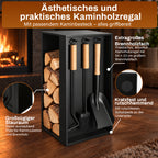Kaminbesteck- und Holzregal-Set | 54 × 29 × 29 cm, schwarzes Metallgestell, inklusive Schaufel, Besen und Haken (ca. 48 cm) | Integrierte Aufbewahrung von Brennholz und Kaminbesteck, rutschfeste Unterlage zum Schutz des Fußbodens