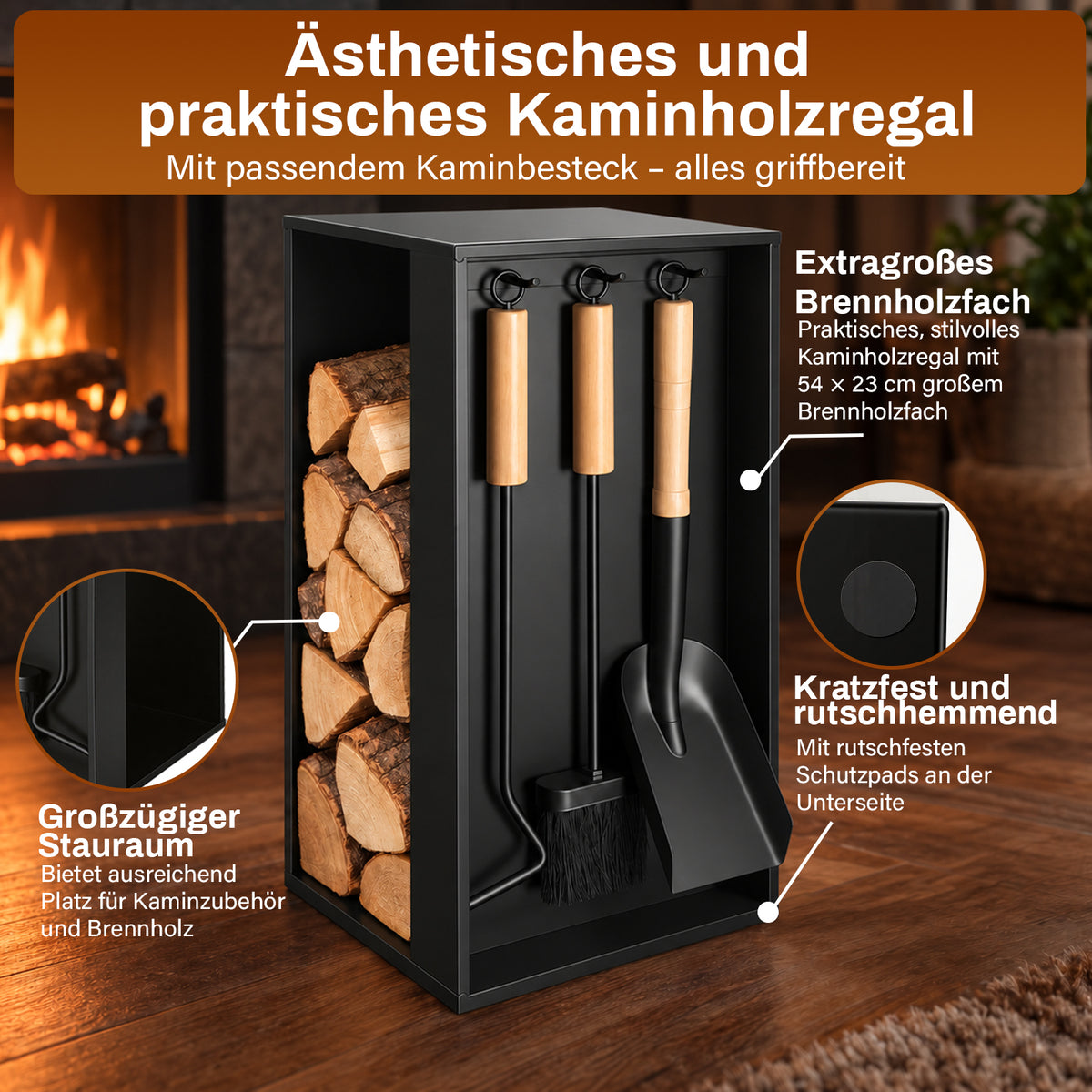 Kaminbesteck- und Holzregal-Set | 54 × 29 × 29 cm, schwarzes Metallgestell, inklusive Schaufel, Besen und Haken (ca. 48 cm) | Integrierte Aufbewahrung von Brennholz und Kaminbesteck, rutschfeste Unterlage zum Schutz des Fußbodens
