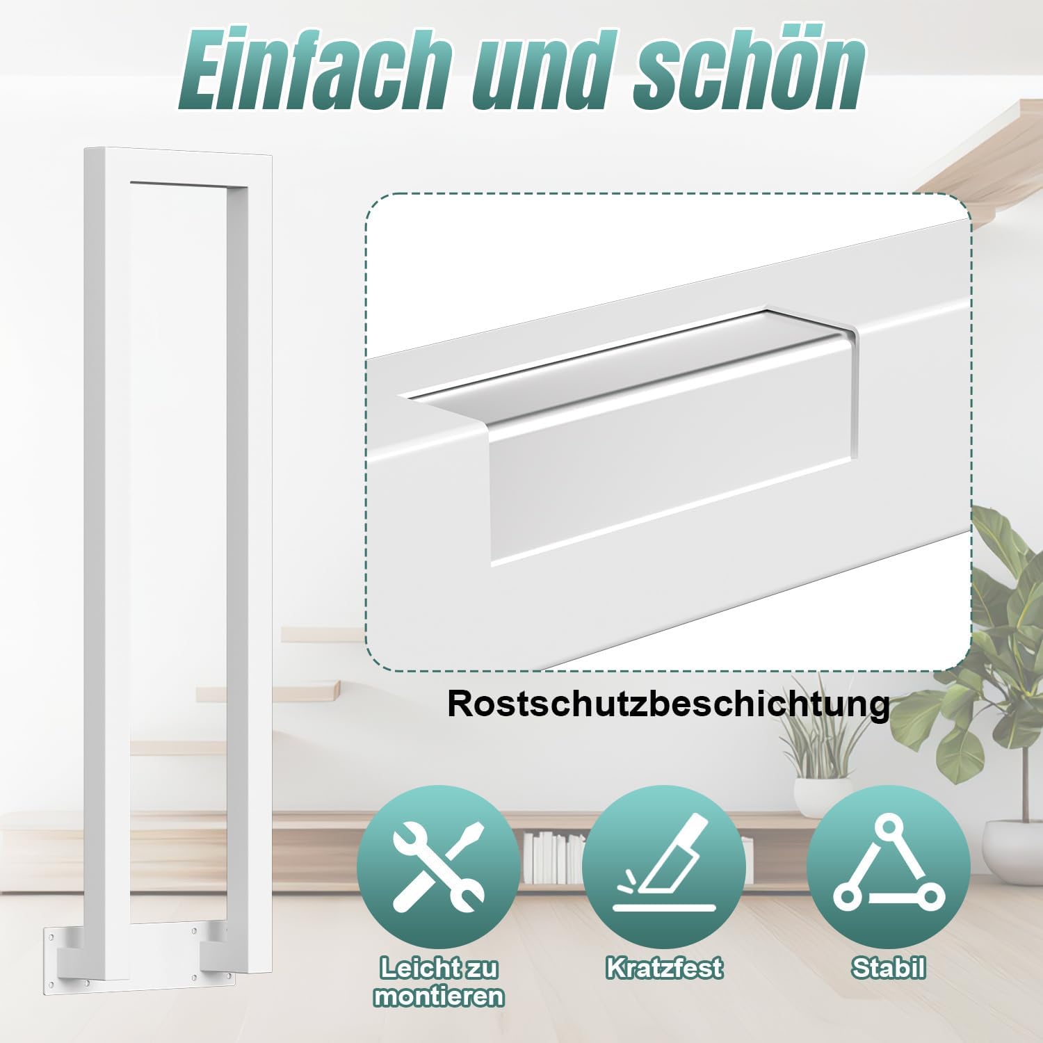 Weiß/Schwarz Treppengeländer Innen, 75/85/95/100/110 cm U-förmiger Treppengeländer, Handlauf aus Metall, Geländer aus Vierkantrohr für Lofts, Villen und Wohnungen, Verbundene Grundplatten, Seitenmontage
