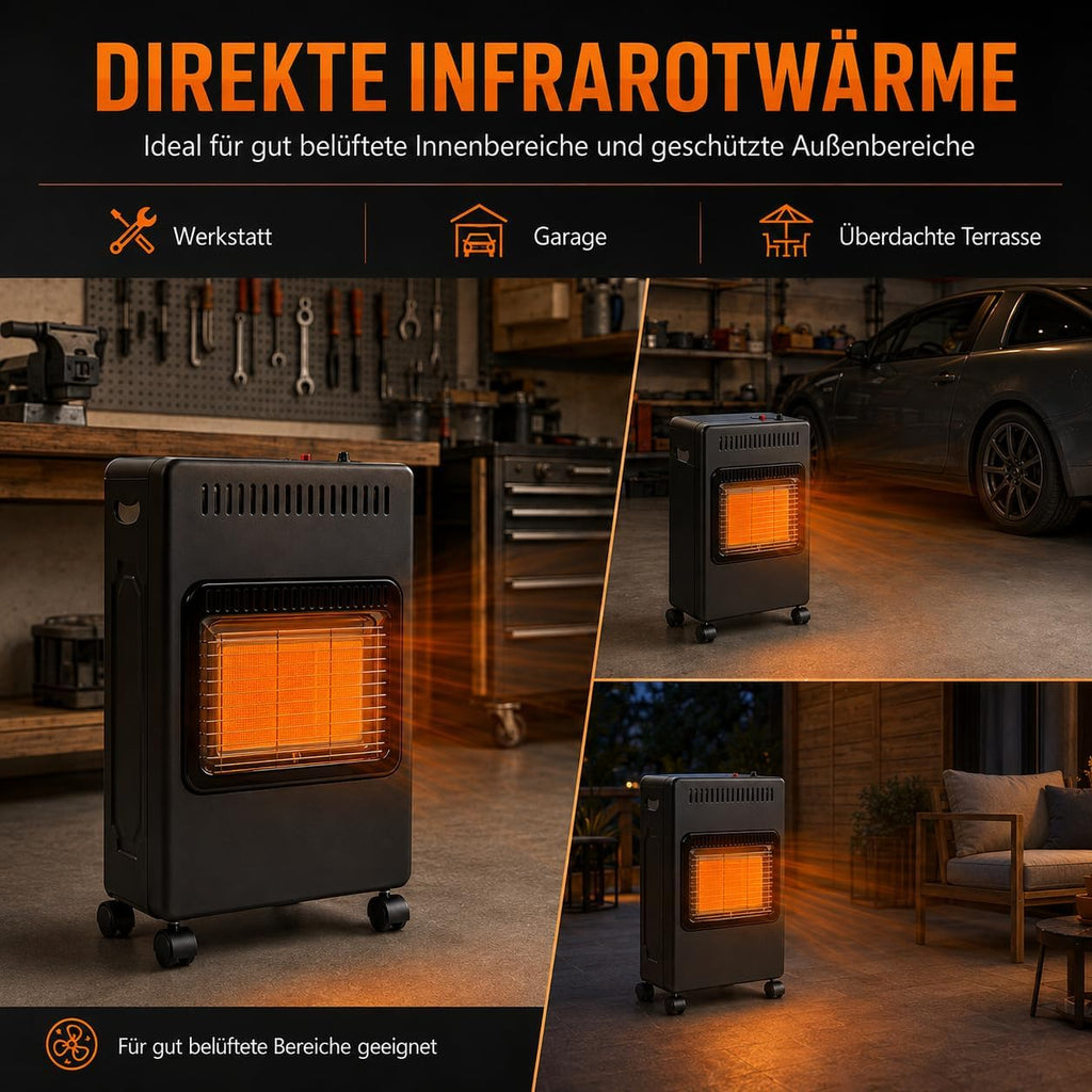 Gasheizung für Innenräume 4200W, Gasofen, 3 Stufen, Gasschlauch Gasheizer mit 3 Heizstufen, ODS-System, Druckregler und Gasschlauch für Balkon, überdachte Terrasse und belüftete Räume