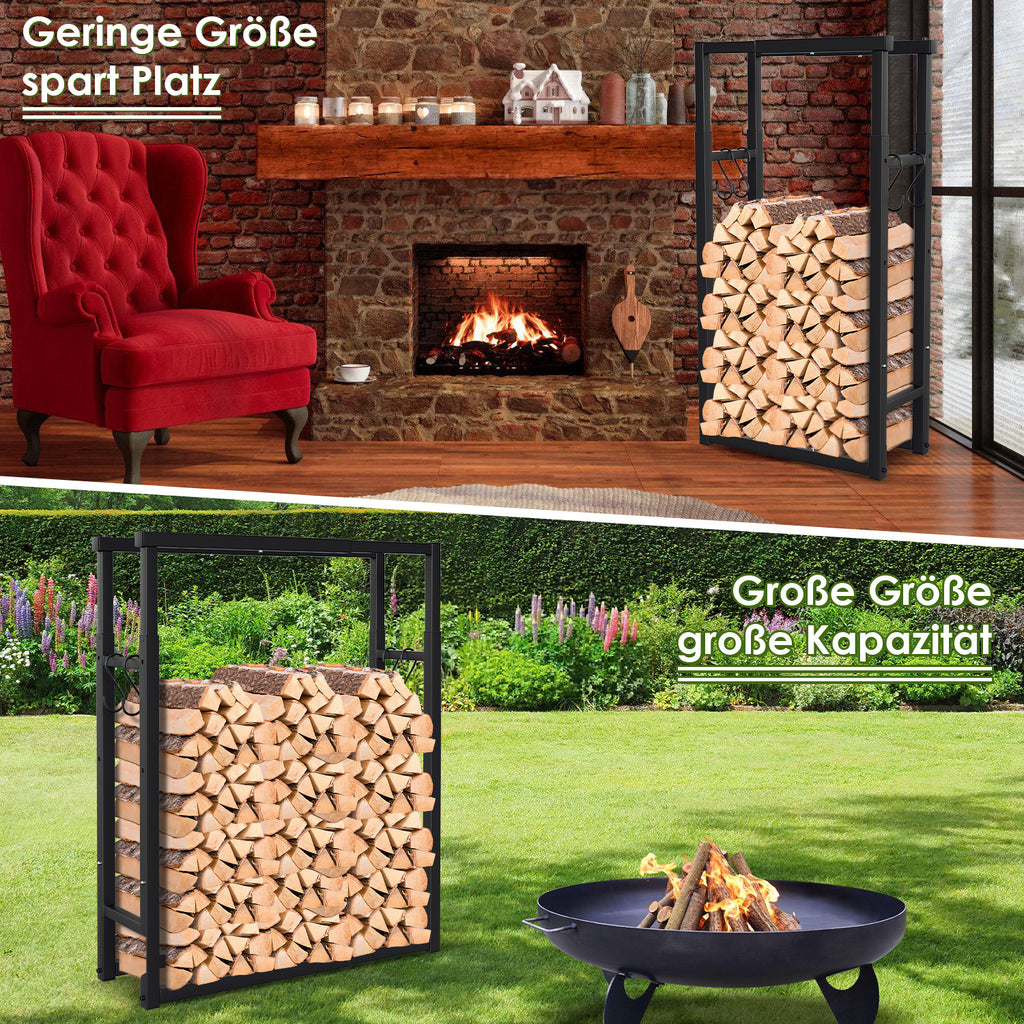 Verstellbares Kaminholzregal, in 9 Größen verstellbar, Kaminholzregal mit 4 Haken, Kaminholzhalterung, Kaminholzregal zur Aufbewahrung von Kaminholz, Stapelhilfe, für den Innen- und Außenbereich geeignet