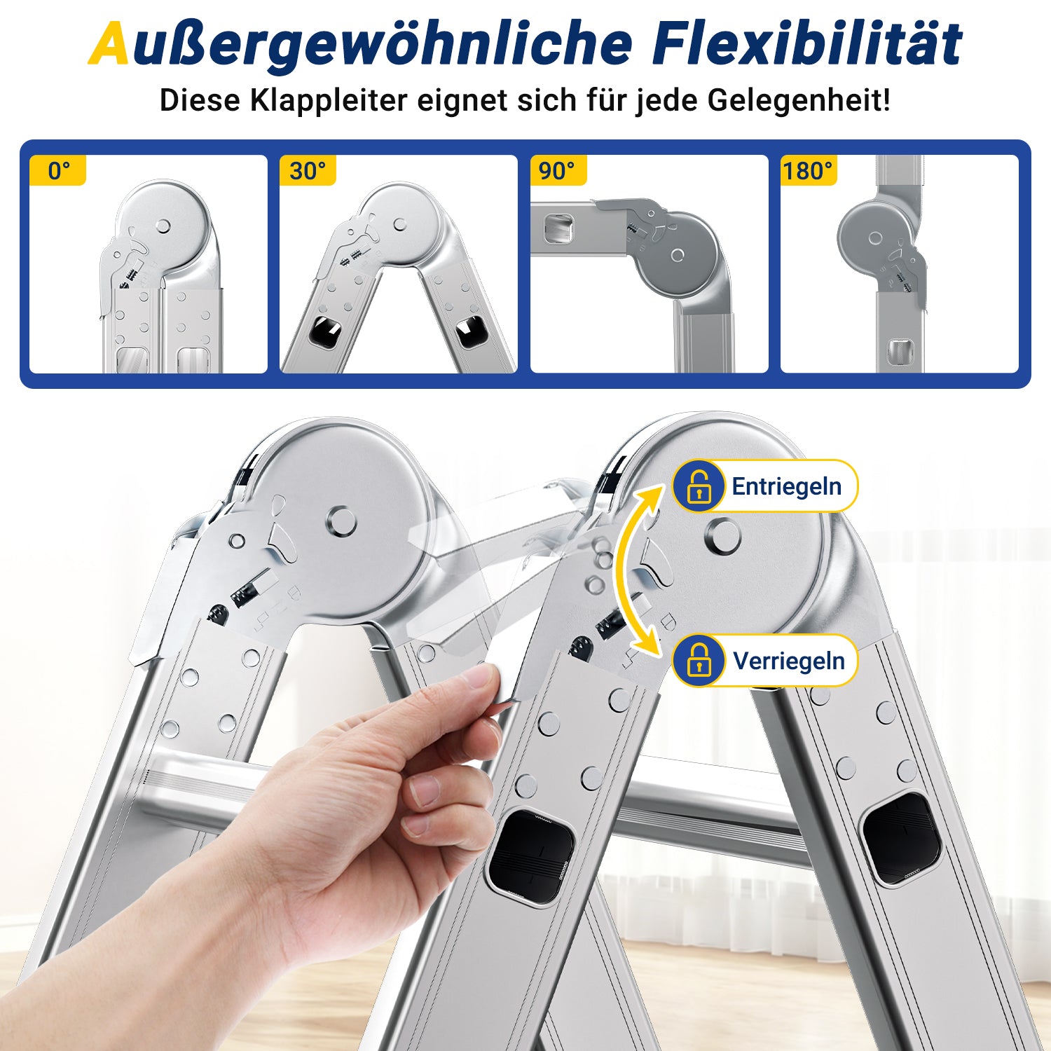 7-in-1-Multifunktionsleiter aus Aluminium, Tragkraft bis zu 150 kg, multifunktional, zusammenklappbar, einsetzbar als Anlehntreppe, Stehleiter und Treppenleiter, geeignet für Haushalt, Garten und Werkstatt, wahlweise mit 4x3, 4x4 oder 4x5 Sprossen.