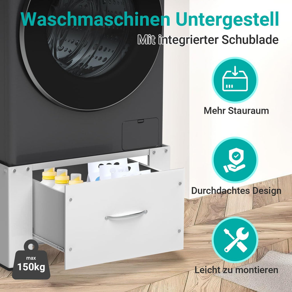Waschmaschinen Untergestell mit Schublade, 63x54x32 cm, 150 kg Stahlrahmen mit Zugstreben, Antirutschfüßen und Dämpfungspads für Bad und Waschküche