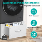 Waschmaschinen Untergestell mit Schublade, 63x54x32 cm, 150 kg Stahlrahmen mit Zugstreben, Antirutschfüßen und Dämpfungspads für Bad und Waschküche