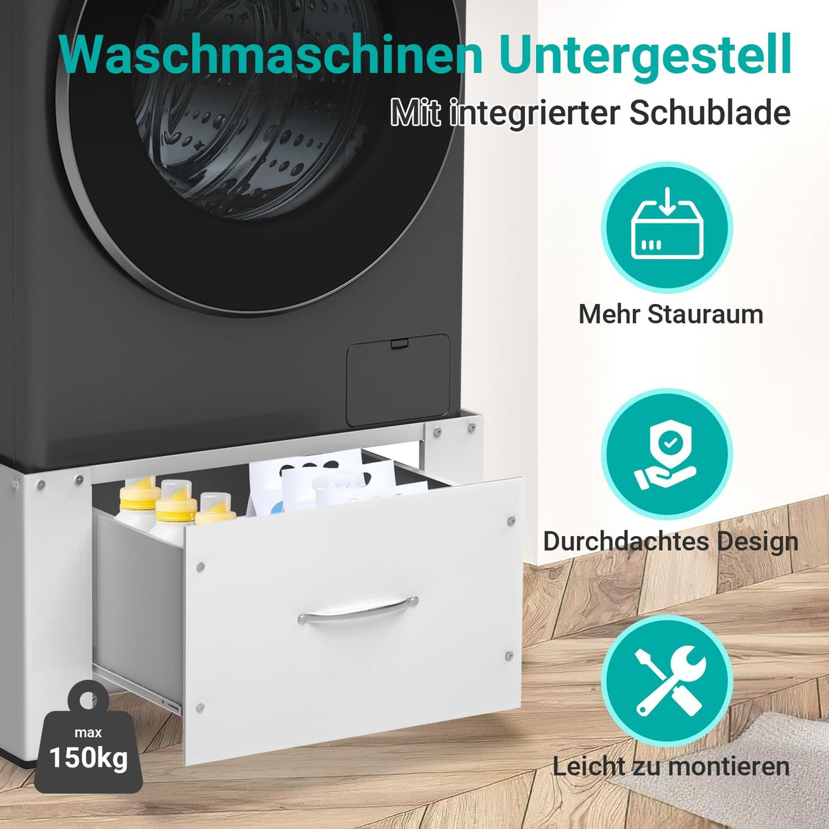 Waschmaschinen Untergestell mit Schublade, 63x54x32 cm, 150 kg Stahlrahmen mit Zugstreben, Antirutschfüßen und Dämpfungspads für Bad und Waschküche