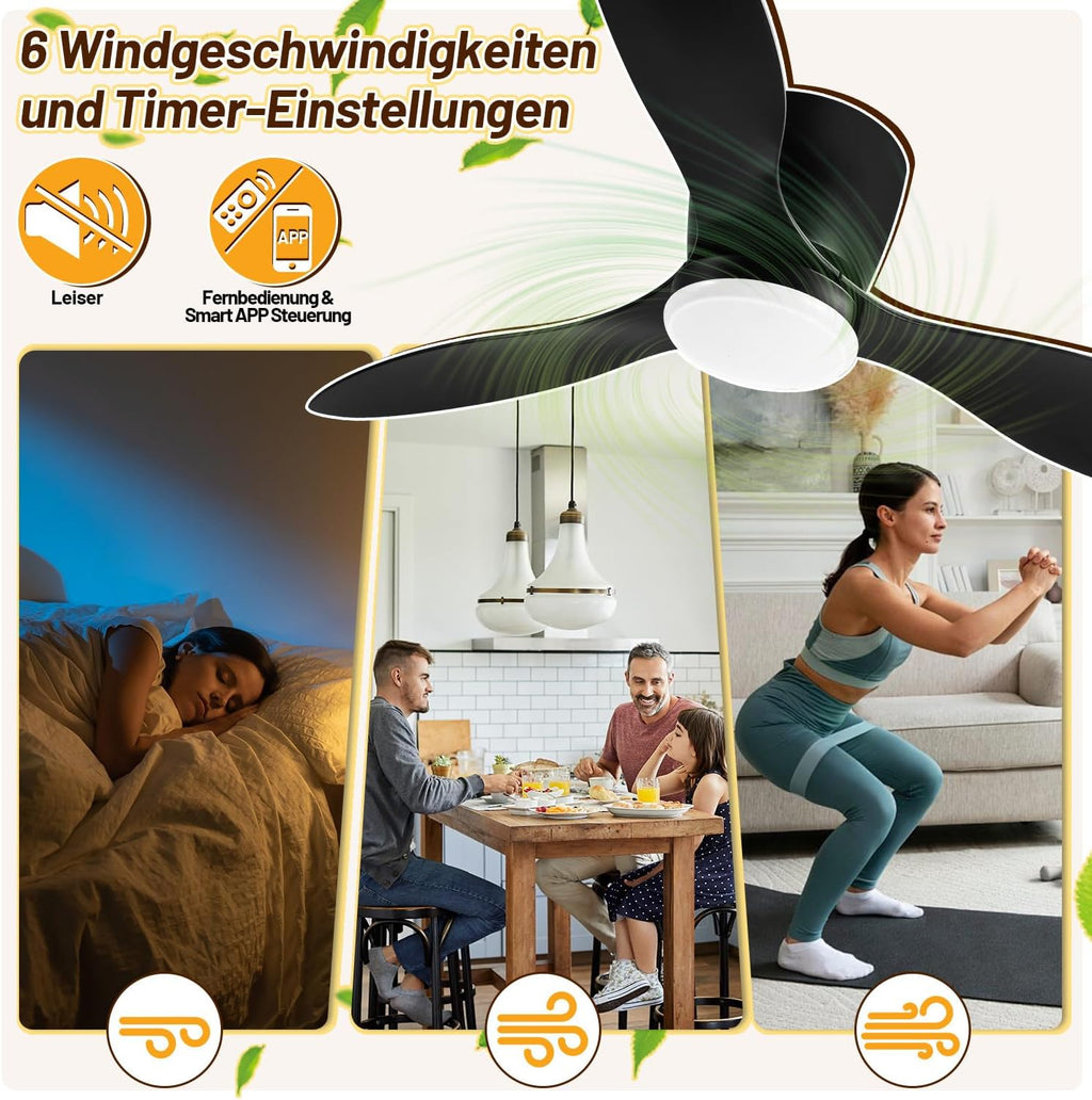 Deckenventilator mit Beleuchtung und Fernbedienung, Ø 132 cm Deckenlampe mit Ventilator dimmbar, 3 Farbtemperaturen und 6 Stufen, Sommer-/Winterfunktion, mit Timer, Schwarz