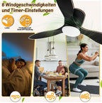 Deckenventilator mit Beleuchtung und Fernbedienung, Ø 132 cm Deckenlampe mit Ventilator dimmbar, 3 Farbtemperaturen und 6 Stufen, Sommer-/Winterfunktion, mit Timer, Schwarz