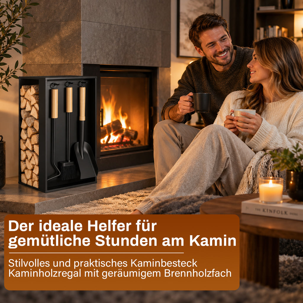 Kaminbesteck- und Holzregal-Set | 54 × 29 × 29 cm, schwarzes Metallgestell, inklusive Schaufel, Besen und Haken (ca. 48 cm) | Integrierte Aufbewahrung von Brennholz und Kaminbesteck, rutschfeste Unterlage zum Schutz des Fußbodens