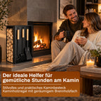 Kaminbesteck- und Holzregal-Set | 54 × 29 × 29 cm, schwarzes Metallgestell, inklusive Schaufel, Besen und Haken (ca. 48 cm) | Integrierte Aufbewahrung von Brennholz und Kaminbesteck, rutschfeste Unterlage zum Schutz des Fußbodens