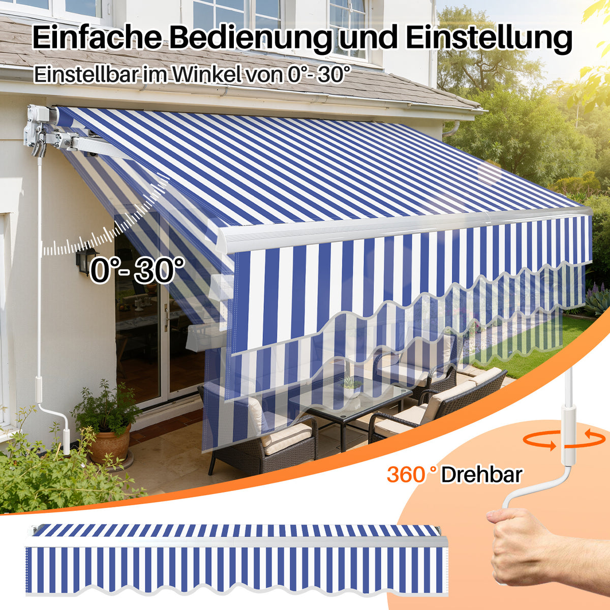 250 x 200 cm Manuelle Klappmarkise,  mit Kurbel, UV-beständig und wasserdicht, aus Aluminium/Polyester, geeignet für Balkon, Terrasse und Garten, in vier Ausführungen erhältlich