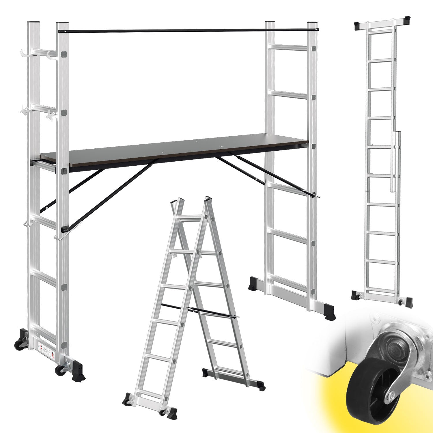 Gerüst, 4 in 1 Alu Multifunktionsleiter 6+6 Stufen, Mobile Mehrzweckleiter mit Plattform und 2 Räder, Arbeitsgerüst, Arbeitsbühne, Belastbar bis max. 150 Kg