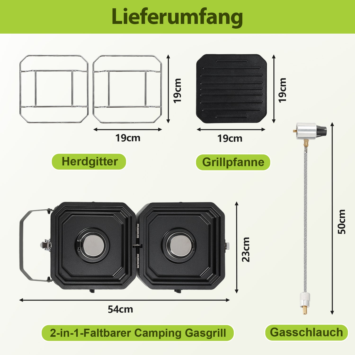 Campingkocher 2 Flammen 4,6 kW mit Grillplatte, Faltbarer Gaskocher mit Zündsicherung, Tragbarer Camping Gaskocher mit 0,5 m Schlauch & Tragetasche, Gasherd für Camping Vanlife Outdoor Küche