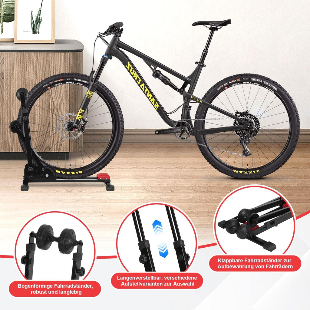 3-in-1-Klappfahrradständer, vertikale oder horizontale Aufstellung möglich, keine Bohrungen erforderlich, geeignet für 24–29 Zoll, robuste Konstruktion aus Kohlenstoffstahl, rutschfeste Unterlegmatten, geeignet für Garagen, Wohnungen und Keller