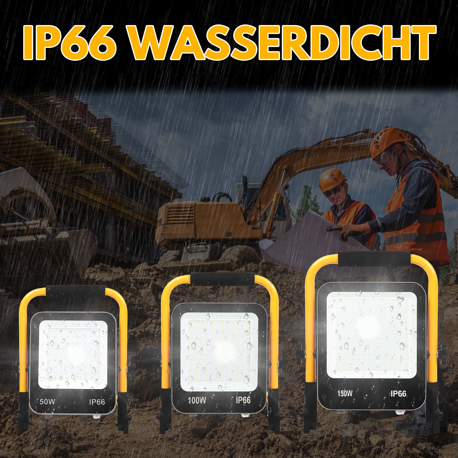 LED-Baustrahler, 50 W/100 W/150 W/200 W Arbeitsleuchten, tragbare LED-Arbeitsleuchten, Baustrahler mit kaltweißem Licht, Schutzklasse IP66, mit 3 Meter langem Kabel und klappbarem Stativ, geeignet für Baustellen (mit Stecker)