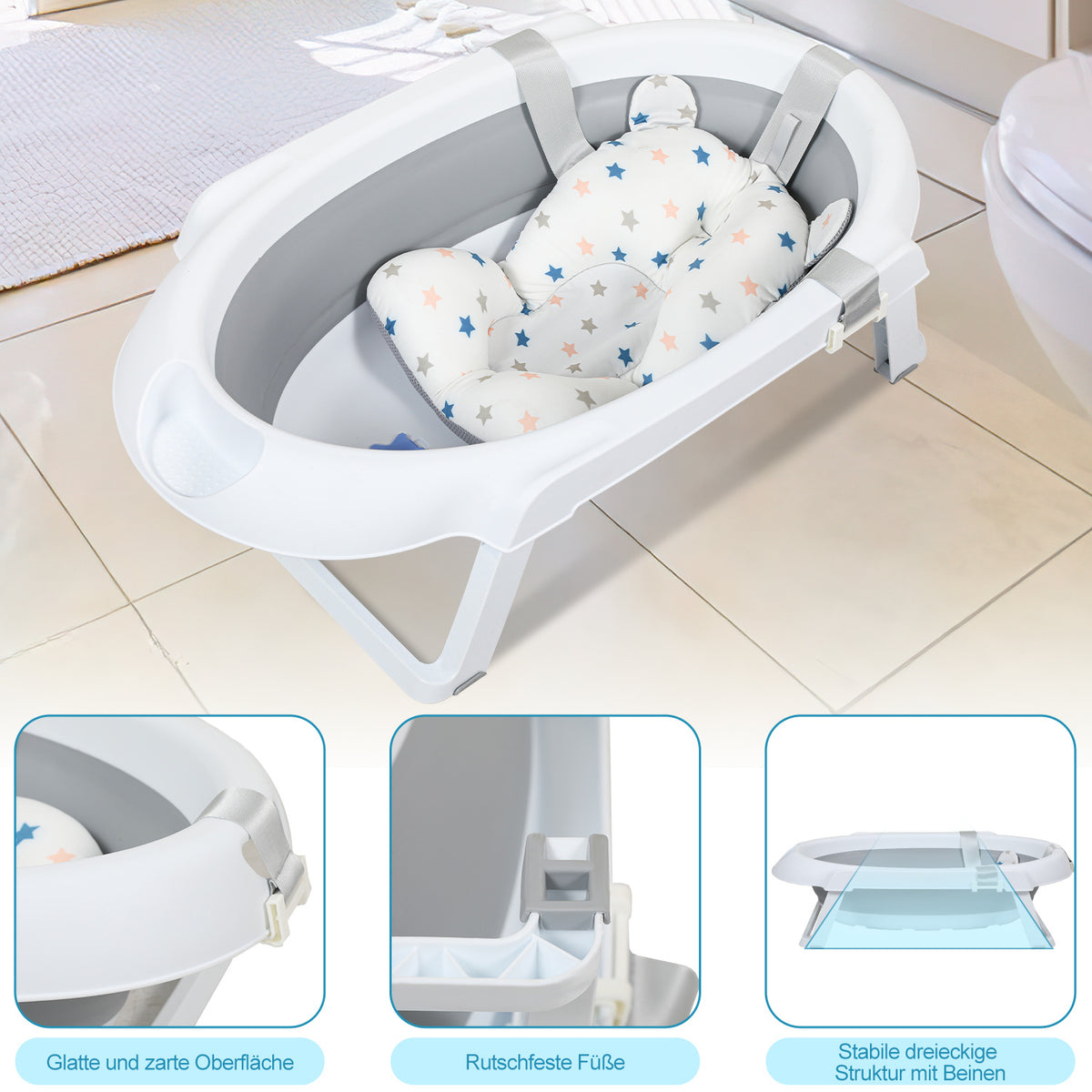 Baby Badewanne mit Ständer 21x48x85CM Badekissen Kinder Faltbare Bad Babywanne Grau