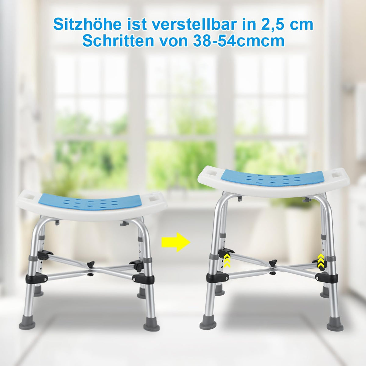 Duschhocker, Höhenverstellbarer Duschstuhl für Senioren, rutschfest Badhocker, Duschsitz mit Doppelt Verstärktem Querbalken, Badestuhl für Badewannen mit Brausehalterung, 180KG belastbar