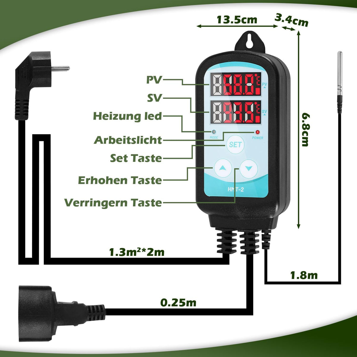 Gewächshausheizung, Timer, Zeitplan & 3000W Digitalregler Ø42-mm-Heizrohr, Haltebügel, Überhitzungsschutz, Wand-/Bodenmontage, Ist-/Sollanzeige, °C/°F, für Schrank & Gewächshaus