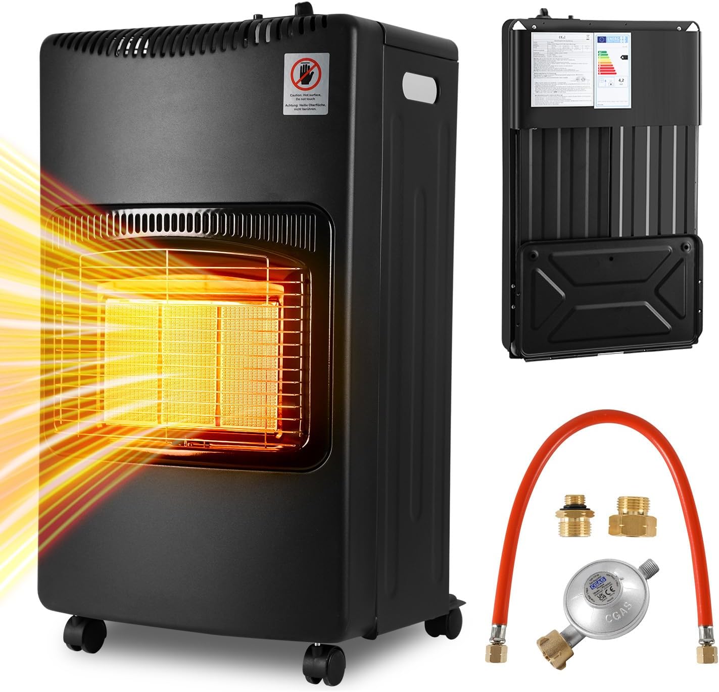 Gasheizung für Innenräume 4200W, Gasofen, 3 Stufen, 2 EU-Adapter Gasheizer mit 3 Heizstufen, ODS-System, 2 EU-Adaptern und 5 Rollen für Balkon, überdachte Terrasse und belüftete Räume