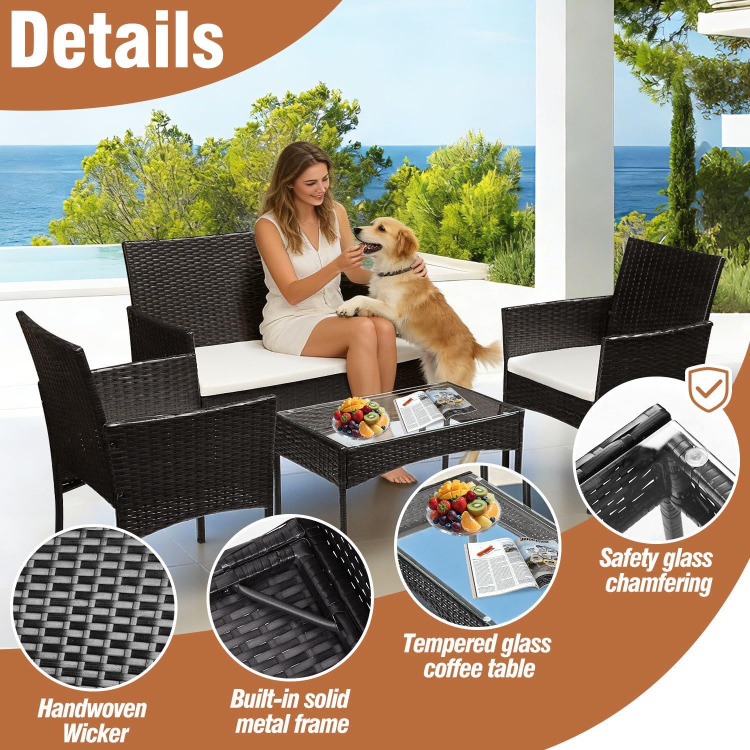 Polyrattan Gartenmöbel Set,4 Personen mit 2er Sofa 2 Stühle Tisch & Sitzkissen wetterfest Sitzgruppe,Schwarz Terrassenmöbel Balkonmöbel Set für Garten Terrasse und Balkon