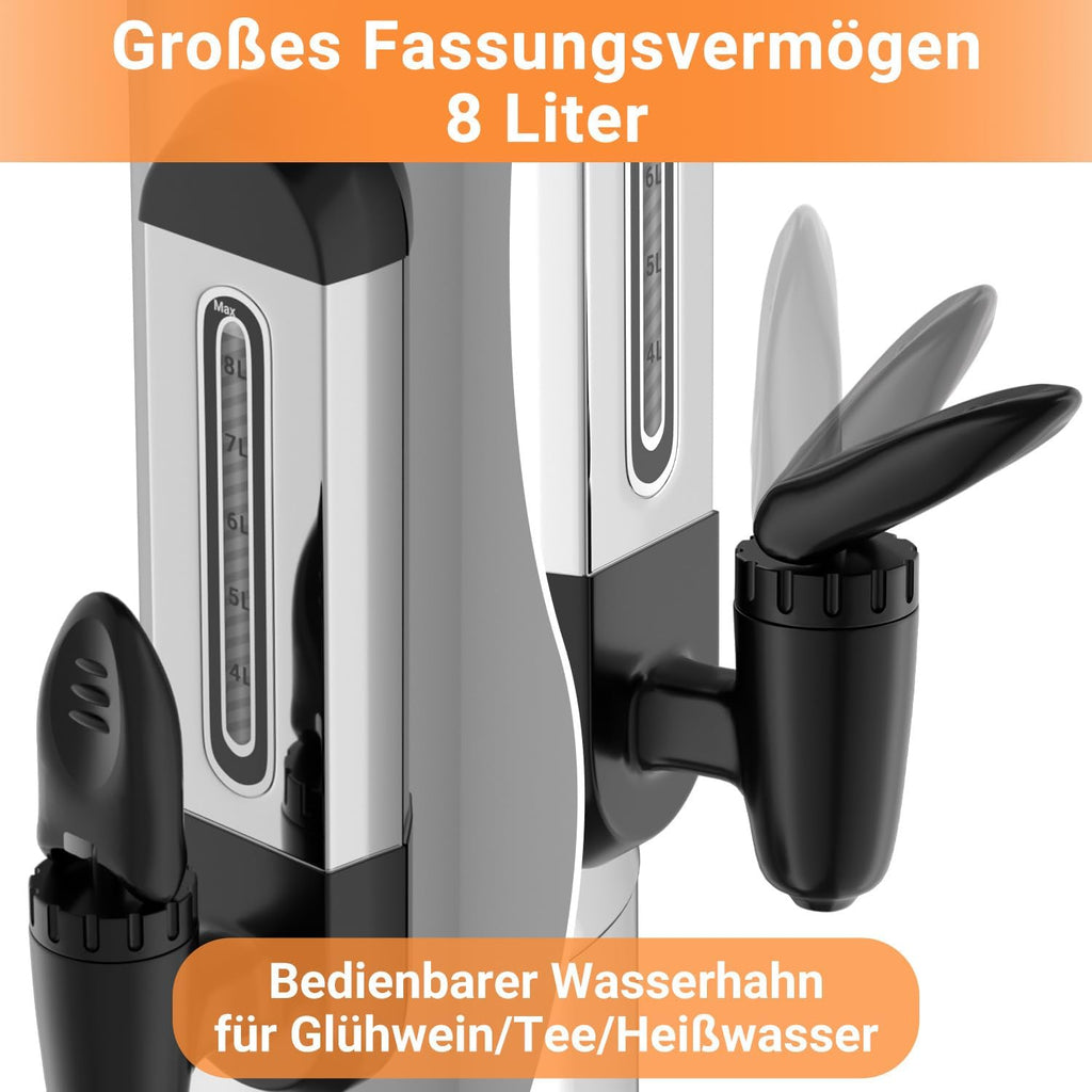 Glühweinkocher 8L, 1500W Glühweinkocher mit Thermostat,Glühweintopf Edelstahl,Einstellbare Temperatur von 30-110°C,Glühweintopf mit Zapfhahn,Heißgetränkeautomat Silber
