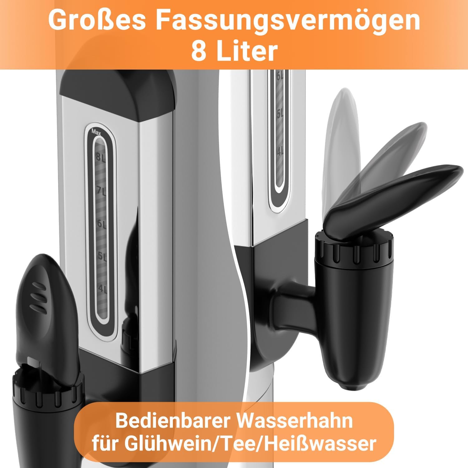 Glühweinkocher 8L, 1500W Glühweinkocher mit Thermostat,Glühweintopf Edelstahl,Einstellbare Temperatur von 30-110°C,Glühweintopf mit Zapfhahn,Heißgetränkeautomat Silber