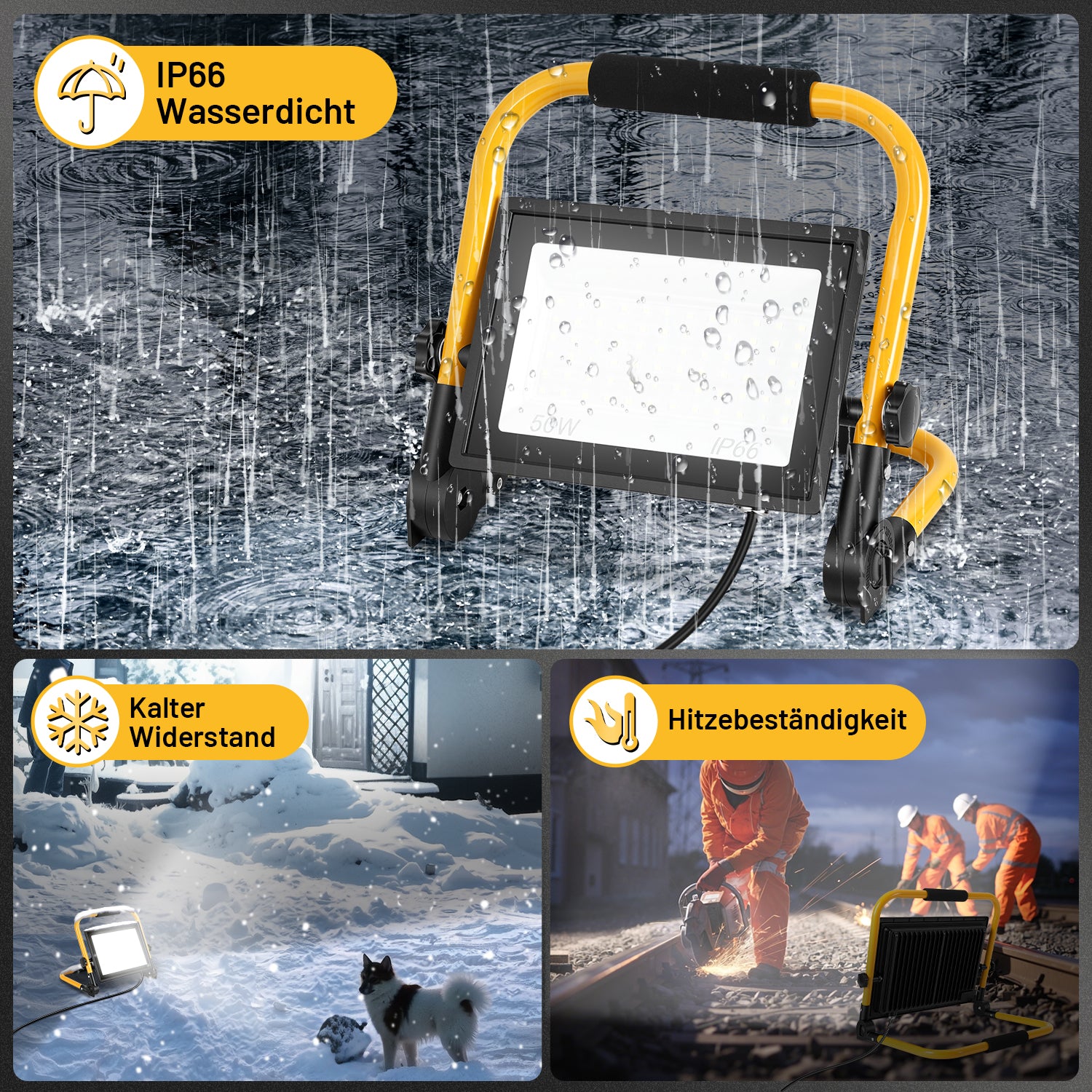 LED-Baustrahler, 50-W-, 100-W- und 200-W-Arbeitsleuchten, kaltweißes Licht, 3 Meter langes Kabel, Schutzart IP66, mit klappbarem Stativ, extrem helle, tragbare Arbeitsleuchten, geeignet für Werkstätten, Baustellen und Garagen