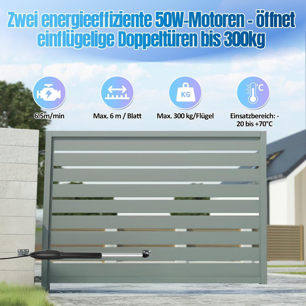 Automatischer Flügeltorantrieb Doppelflügeltorantrieb, 50W 600kg Toröffner Drehtoröffner Set Max 6m, 300kg / 3m pro Flügel mit 6 Fernbedienungen 2 Schlüssel