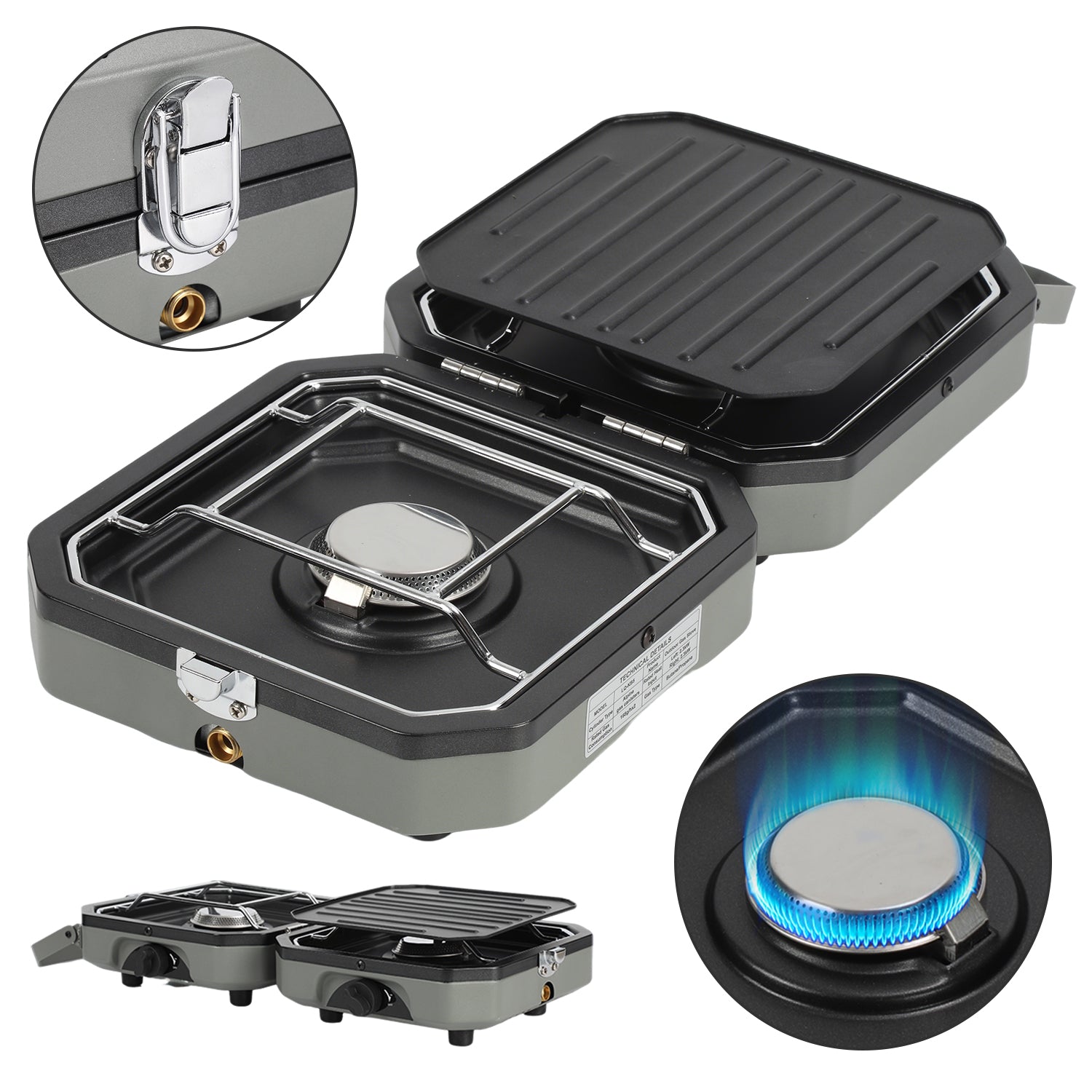 Campingkocher 2 Flammen 4,6 kW mit Grillplatte, Faltbarer Gaskocher mit Zündsicherung, Tragbarer Camping Gaskocher mit 0,5 m Schlauch & Tragetasche, Gasherd für Camping Vanlife Outdoor Küche